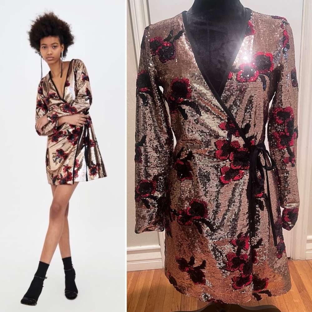 ZARA Gold with Red & Black Floral Sequins Crossover Wrap Mini Dress Size XS